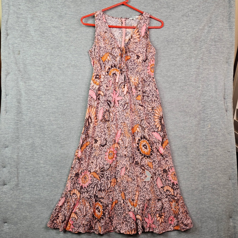 Madewell Women Pink Orange Floral Batik Ruffle Hem Sleeveless Midi Dress Size 0